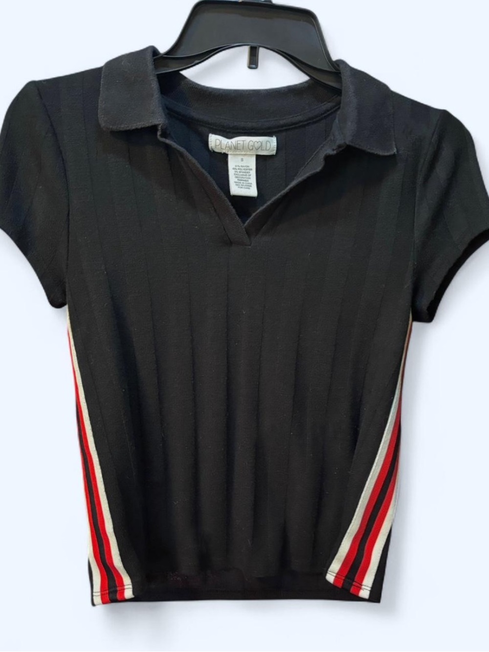 Planet Gold Black/navy Collared Short Sleeved Red And White Striped Top